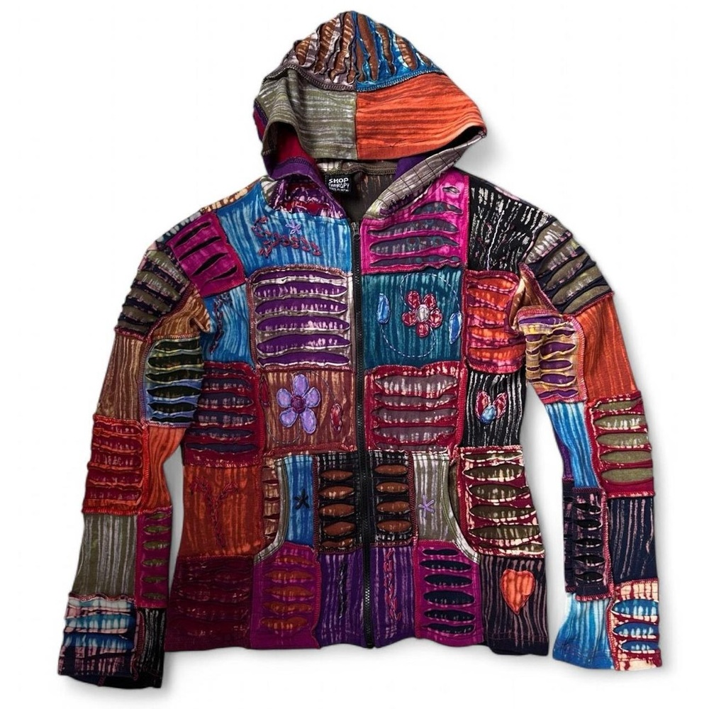 Y2k Tie-Dye Patchwork Embroidered Zip-Up Hoodie - image 1